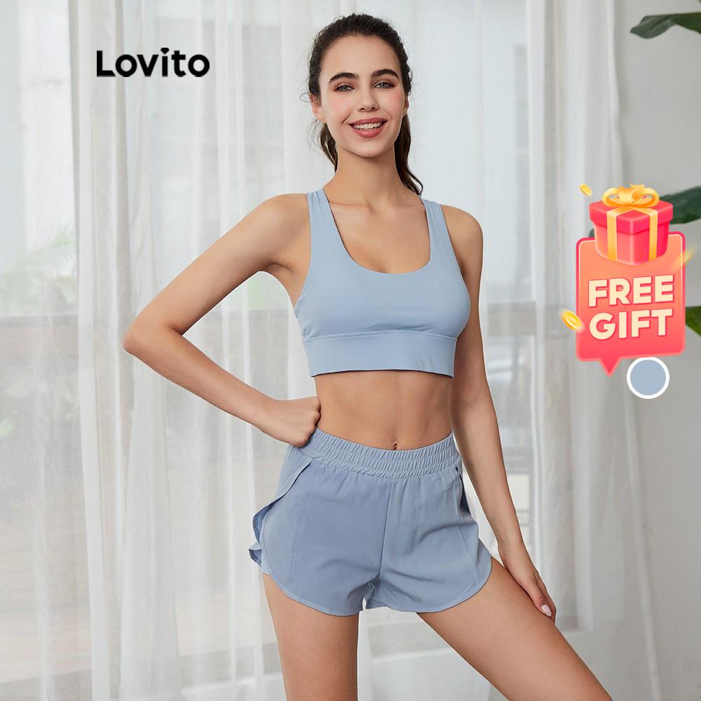 Lovito Casual Loose Natural Elastic Waist 2-in-1 Pocket Solid Sports Shorts For Women L03047 (Blue/Black)
