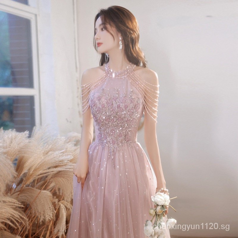 new Starry Seqin Evening Dress Halter Neck Beaded Tassel Slim A-line Dresses  Temperament Banquet Annual Dinner Host Gown SRH0 | Shopee Singapore