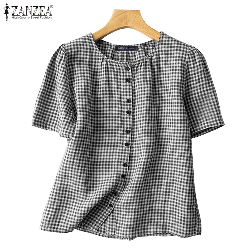 ZANZEA Women Korean Daily Pose Short Sleeve Round Neck Plaid Print ...