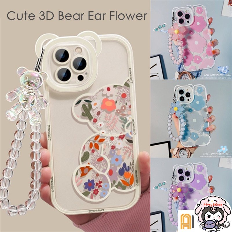 3D Bear Ear Flower Transparent Hang Phone Chain Silicone Case for iphone 14 13 Pro Max 11 Pro Max 12 XR X XS Protective Clear Soft Cover