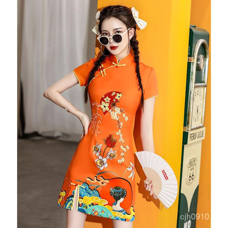 Cheongsam Orange National fashion 2023 new modified new style fried ...