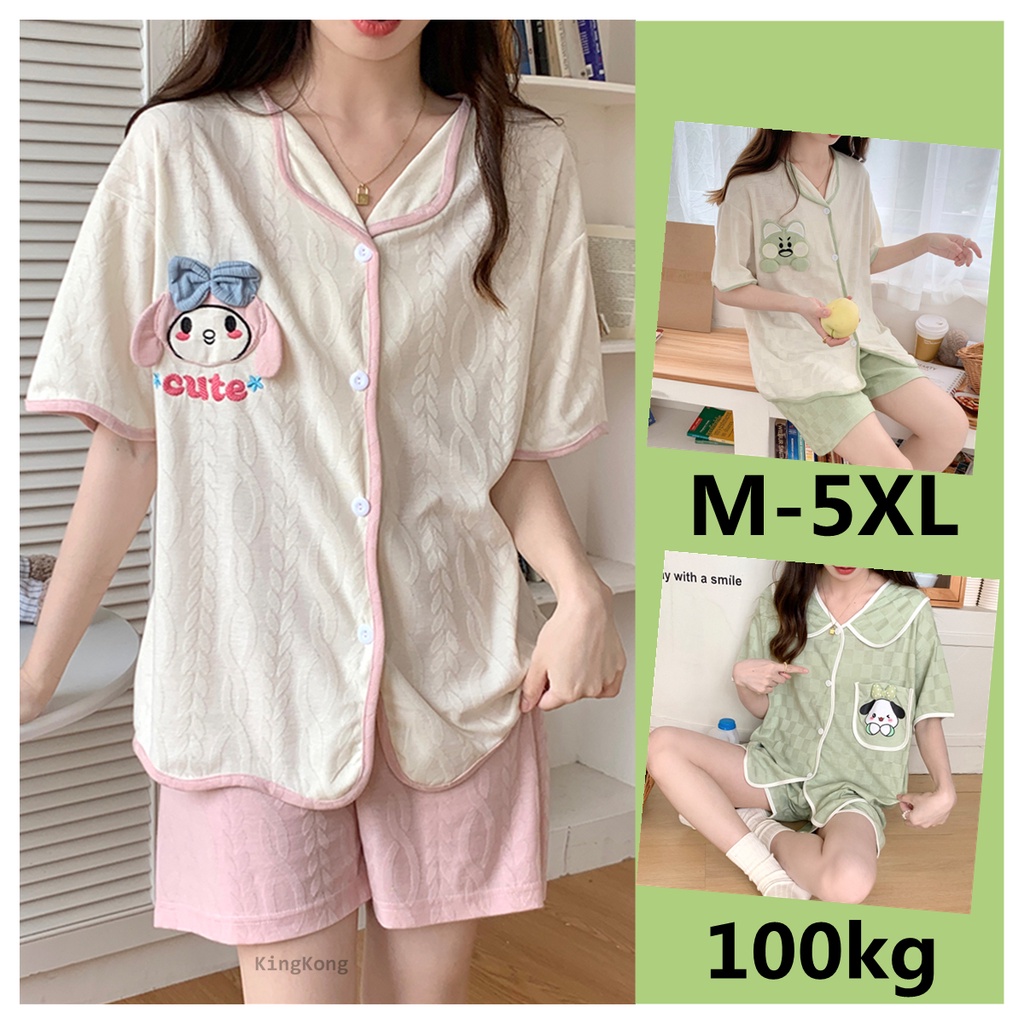 M-5XL Pyjamas Women Cotton Plus Size Pajamas Summer Korean Version Cartoon Loose Short sleeve Cardigan Sleepwear Set