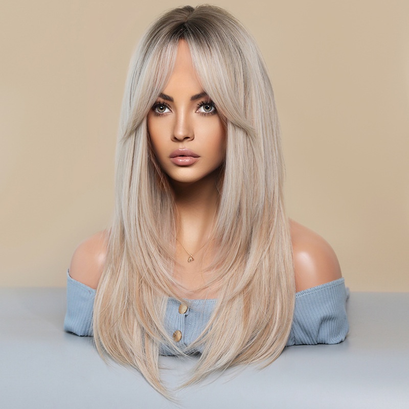 7jhh WIGS Europe America MW9039 New Style Simulation Wig Female Long Hair Middle Split Full Top Full Headgear Blonde Long Hair Female Pullover Wig