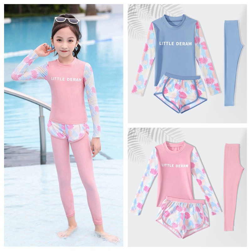 Kids Girls Split Sports Swimwear Long Sleeve 6 10Years Baby High Quality Sun Protection Swimming Suits Tops Long Pants Short Pants Children Students Korean Fashion Print Swim Wear Shopee Singapore