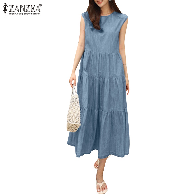 ZANZEA Women's Casual Crew Neck Sleeveless Split Pleated Denim Dress ...