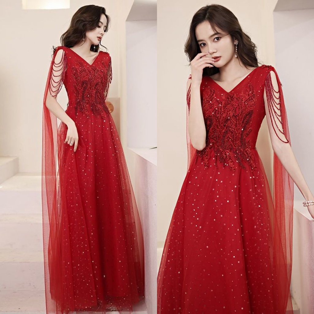 Evening Dress Red Fashion Bride s New Summer Temperament Long Red Wedding Dress