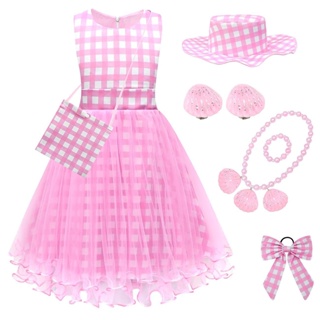 Kids Girls Pink Barbie Costume Tartan Skirt Princess Party Fancy Dress  Outfit