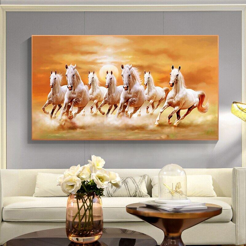 7 Running White Horse Animal Painting Artistic Canvas Gold Posters and ...