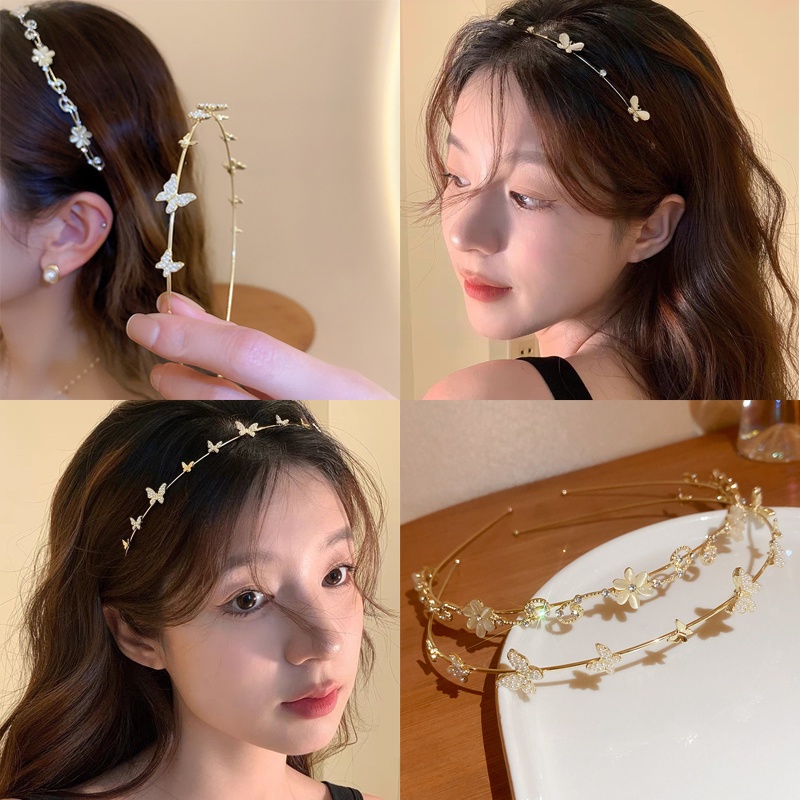 Fashion Alloy Thin Flower Headband Butterfly Rhinestone Pearl Hair