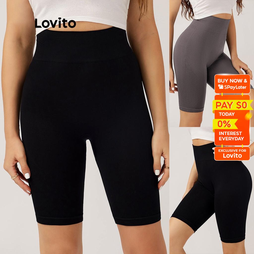 Lovito Sporty Plain High Waist Basic Sport Cycling Shorts for Woman L004015  (Black)