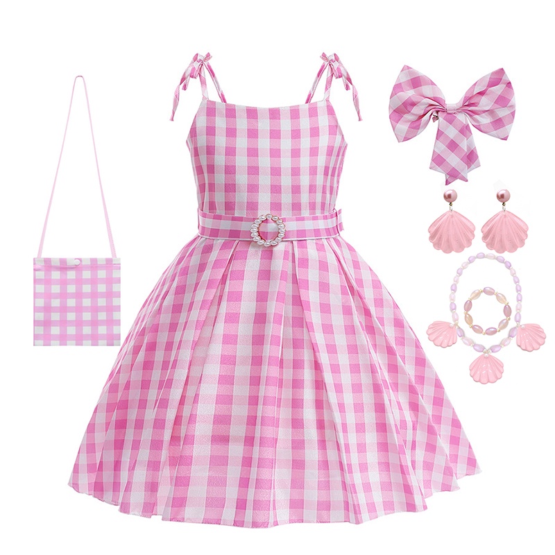 LXAA Barbie Movie Costume For Kids Girls Cosplay Pink Plaid Dress Halloween  Margot Robbie Barbie Dress Up Carnival Party For 2-10 Yrs | Shopee Singapore