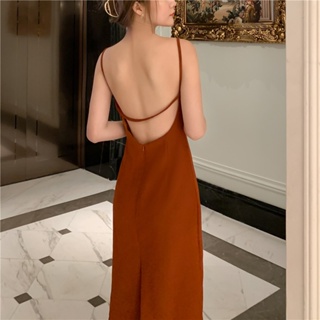 New Bare Back Halter Neck Dress Open Side Thigh SplitDress Deep