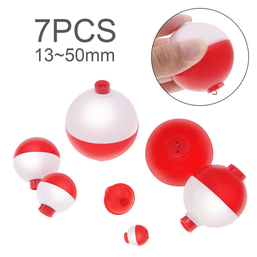 7pcs/lot Fishing Bobber Floats Set Hard ABS Snap on Red White Push Button  Round Buoy Size 13-50mm / 0.5-2inch