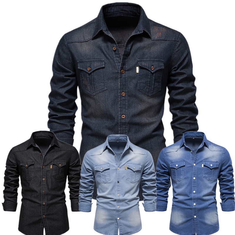 Mens Denim Casual Buttons Shirt Cowboy Tees Blouse Long Sleeves