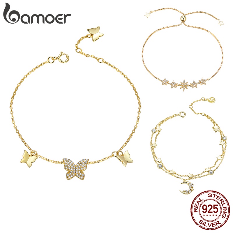 Bamoer Bracelet 925 Silver Sterling Adjustable Gold Plated Butterfly Love Series Jewellery For Women