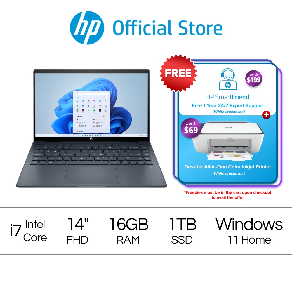 HP Pav x360 Laptop 14-ek1012TU / 13th Gen Intel Core i7 / 16 GB RAM / 1TB SSD / 14" FHD / Windows 11 / Intel® UHD