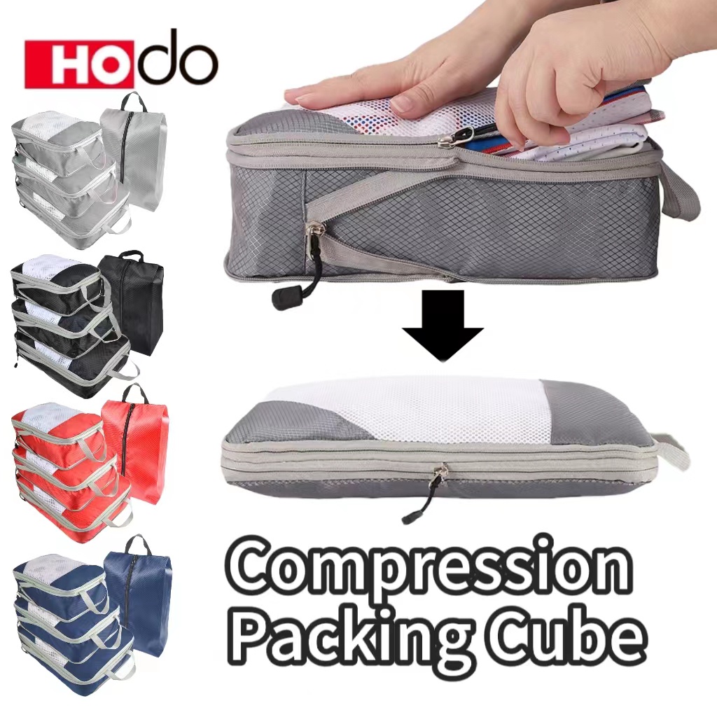 Hodo SG Store 4pcs Foldable Travel Compression Packing Cube Set for  Suitcases 3 Compressible Packing Cubes & 1 Shoe Bag