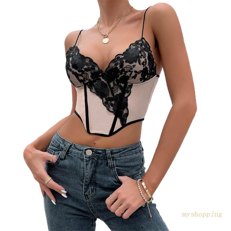  Woman Lace Mesh Going Out Corset Crop Top Spaghetti