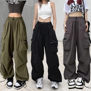 Women Casual Cargo Pants, Solid Color Loose Fit Trousers with Multiple  Pockets, Black/ Khaki/ Green