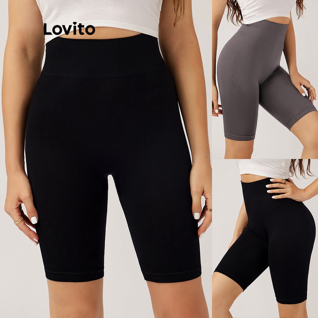 Lovito Sporty Plain High Waist Basic Sport Cycling Shorts for Woman L004015 (Black)