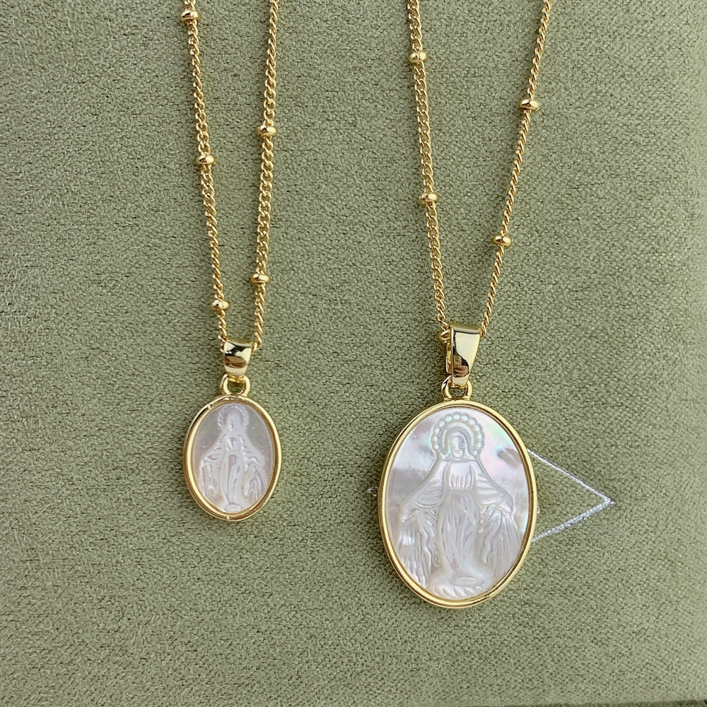 Miraculous Medal Mother of Pearl Pendant 19 Inches Chain Necklace