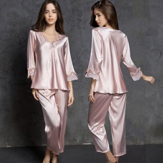 V Neck Nightwear Sleep Set Pajamas Ice Silk Printing Long Sleeve Homewear  Sleepwear Shirt Pant Outside 2Pcs Loose Homewear