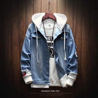 Men Denim Jacket Streetwear Hip Hop Hooded Casual Loose Outerwear