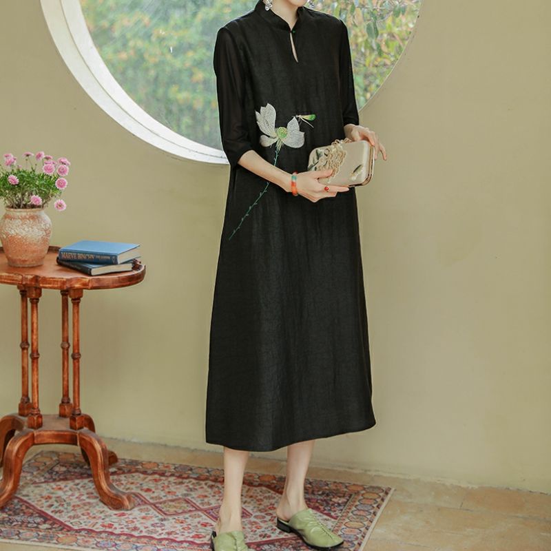Chinese style midlength stand collar Xiangyun yarn embroidered dress women's fashionable loose