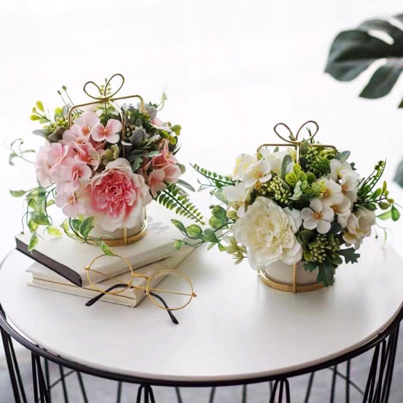 Artificial Rose Bouquets with Ceramics Vase Fake Silk Rose Flowers Arrangement for Decoration