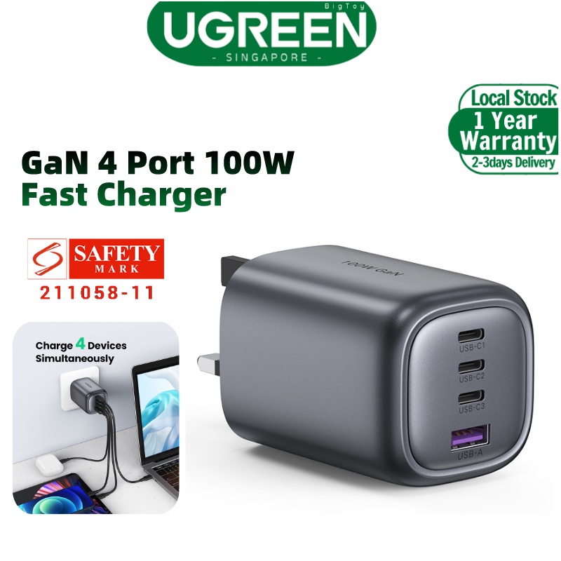 (UK PLUG) UGREEN 100W GaN 4 Port Fast Charger 3C1A 3 Type C 1 USB A