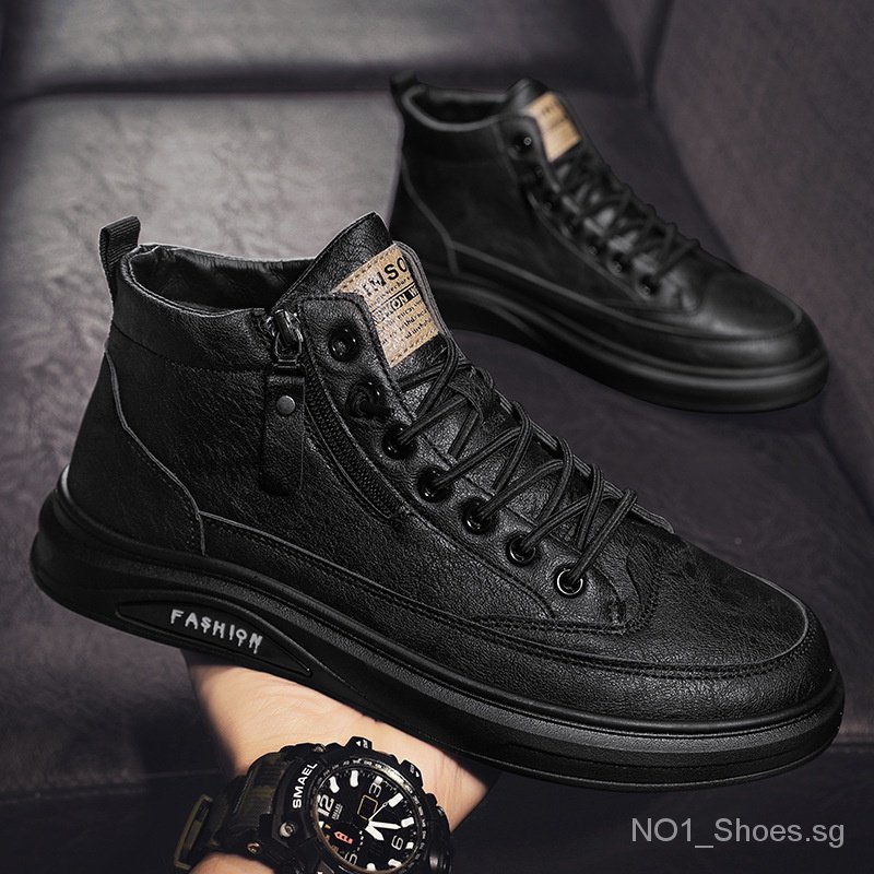 High-Top Men's Shoes Autumn British Style Casual Leather Black Mid-Top ...