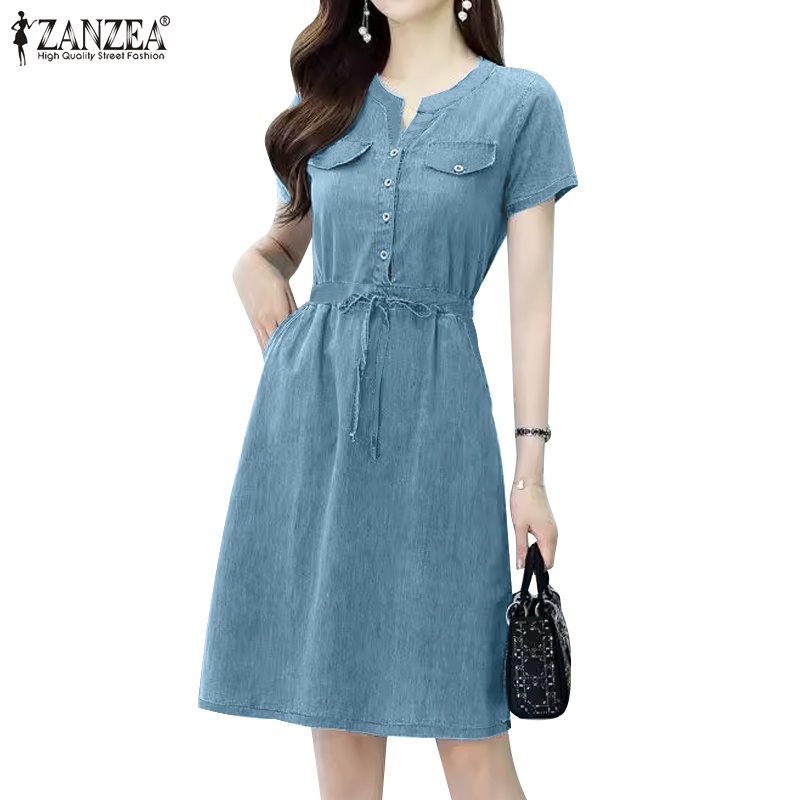 Zanzea Women Korean Short Sleeves V Neck Waist Drawstring Denim Dresses Shopee Singapore 3527