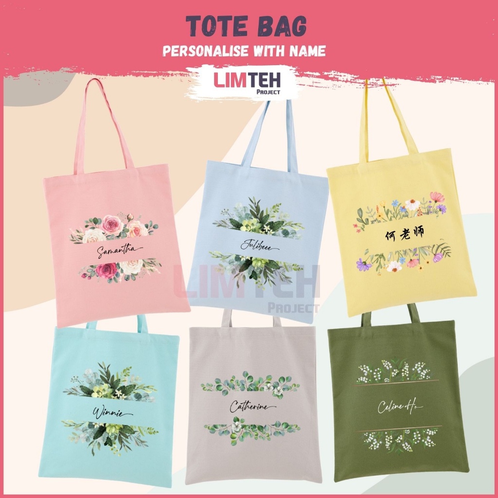 Personalised Floral Tote Bag with name/initial | Shopping Bag | Canvas Bag | Birthday Gift | Farewell | Christmas Gift