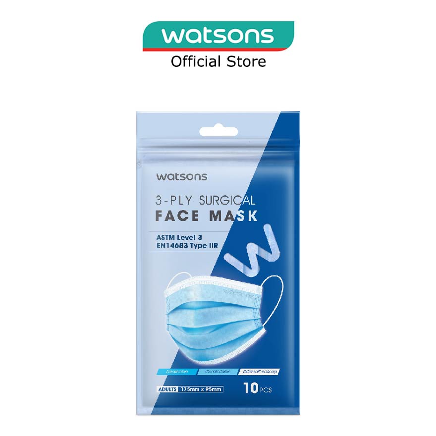 WATSONS 3 Ply Surgical Face Mask Adults 175Mm X 95Mm (Astm Level 3 ...