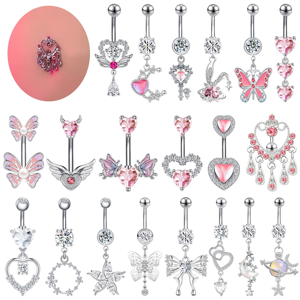 1 PC Pink Heart Crystal Belly Button Ring Stainless Steel Butterfly ...