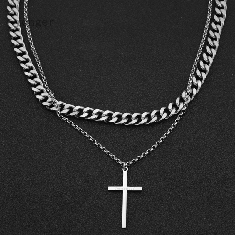 Simple Mens Cross Necklaces Stainless Steel Layered Cross Pendant Rope