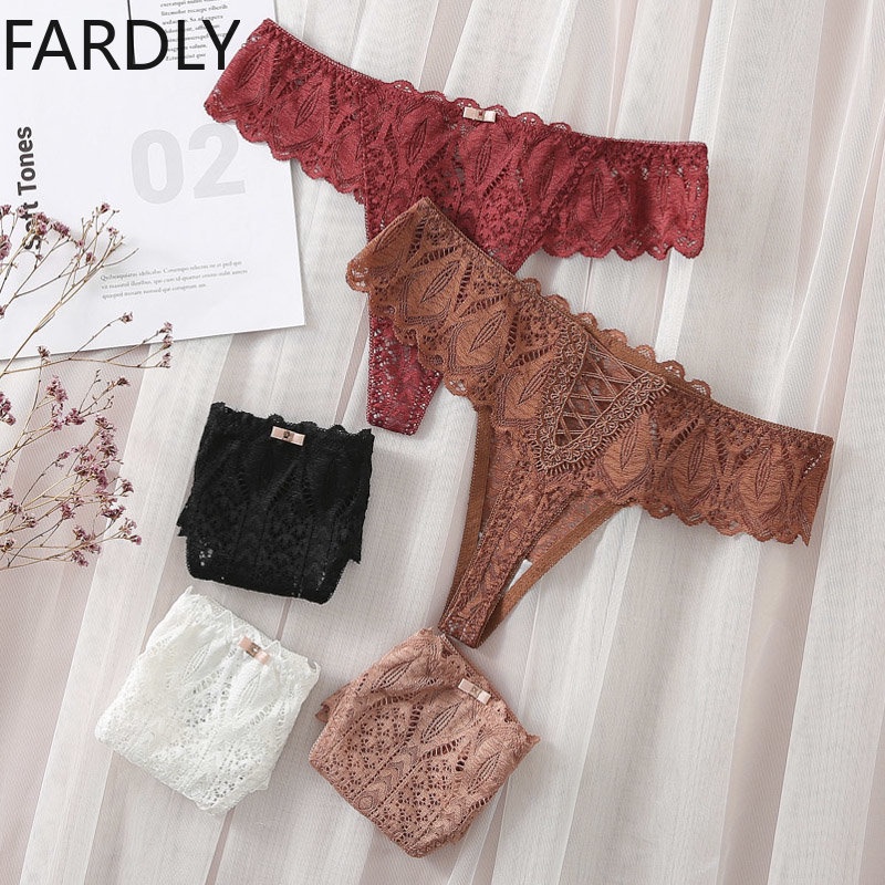 Fardly Ice Silk Sexy Thong Women Lace Panties Ladies V Shaped Seamless G String Low Waist