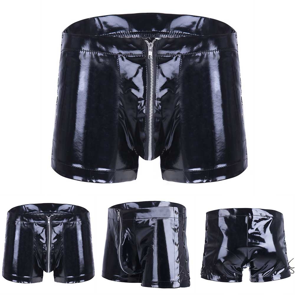 Mens Glossy Patent Leather Boxer Mens Leather Briefs With Bulge