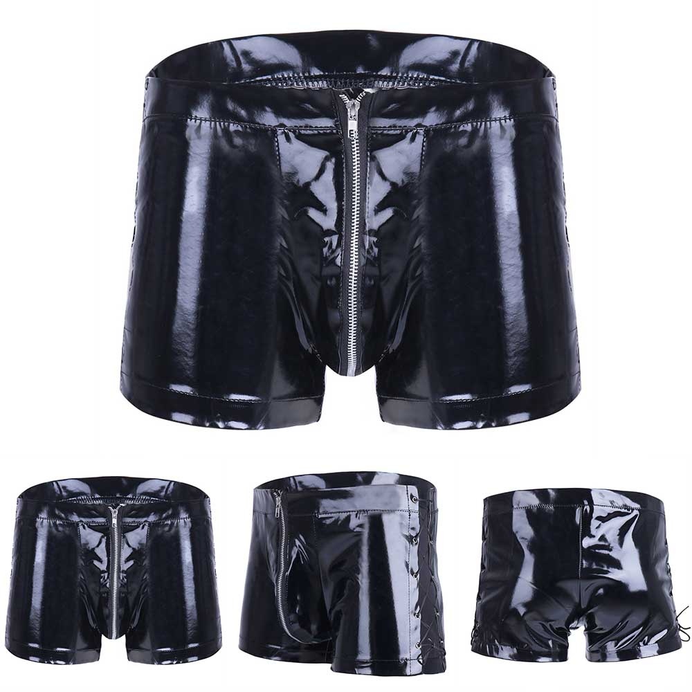 Mens Wet Look Leather Zipper Bulge Pouch Boxer Briefs Shorts