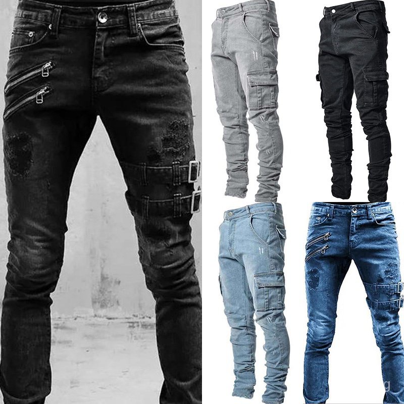 [77] men's jeans stretch tight pants slim jeans overalls ripped jeans ...