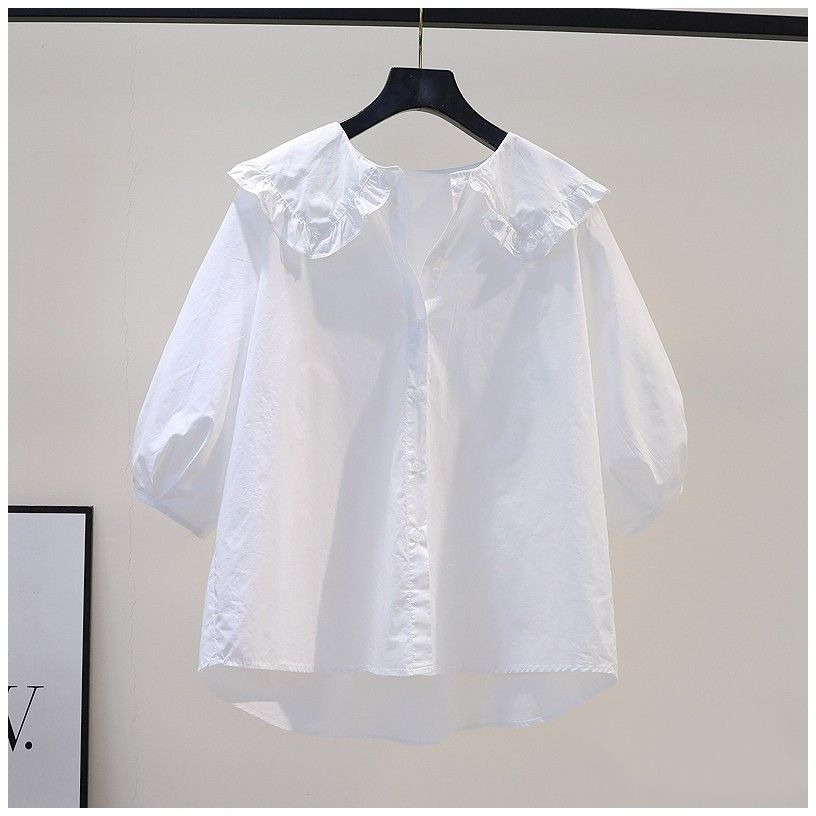 Cotton White Blouse Women Stringy Selvedge Doll Collar Shirt Loose 3/4 ...