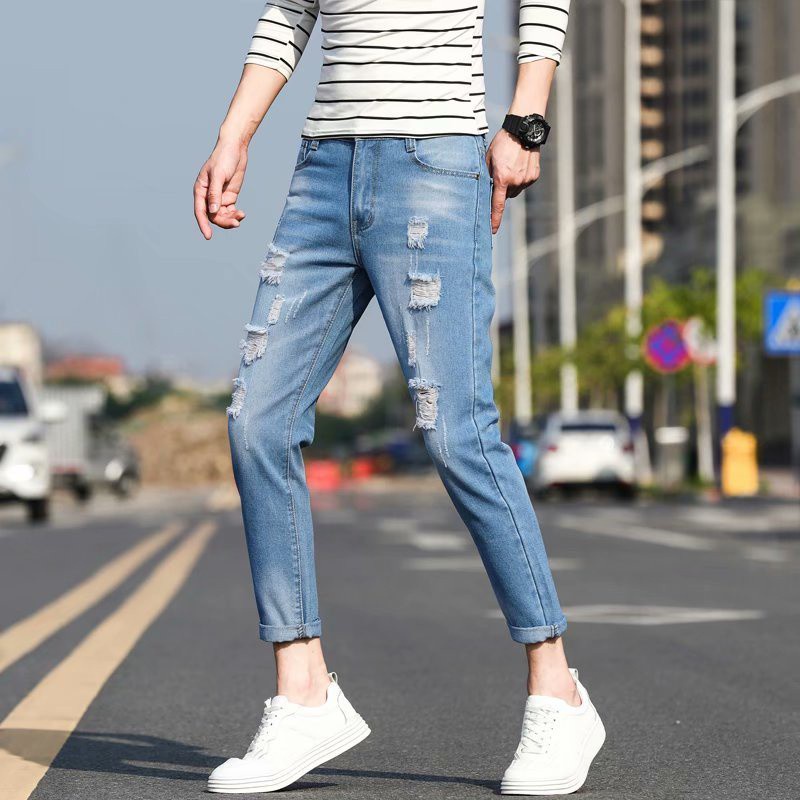 ROKISTUDIO Ready Stock Summer Breathable Ripped Jeans Men Slim Straight