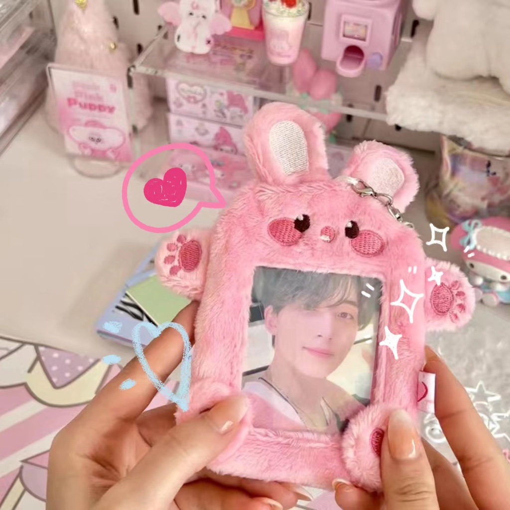 Kpop Idol card Holder Ins Kawaii Pink Rabbit Plush Card Holder Cartoon