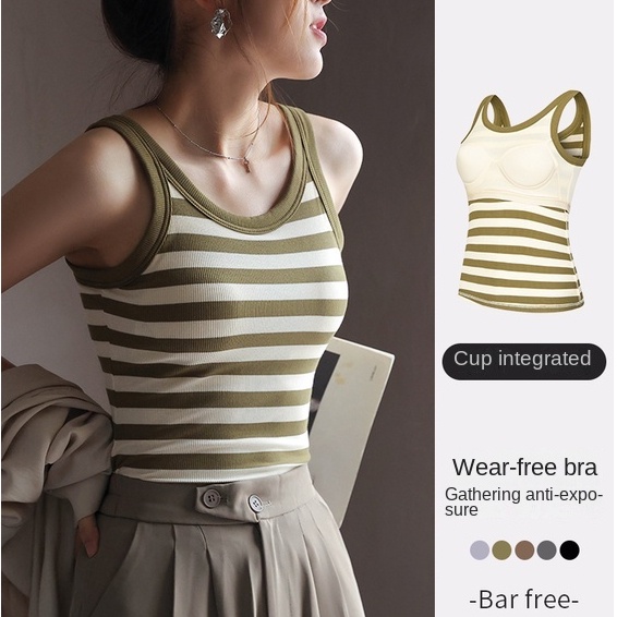 Korean Women clothes tanks tops bra padded stripe cropped singlet
