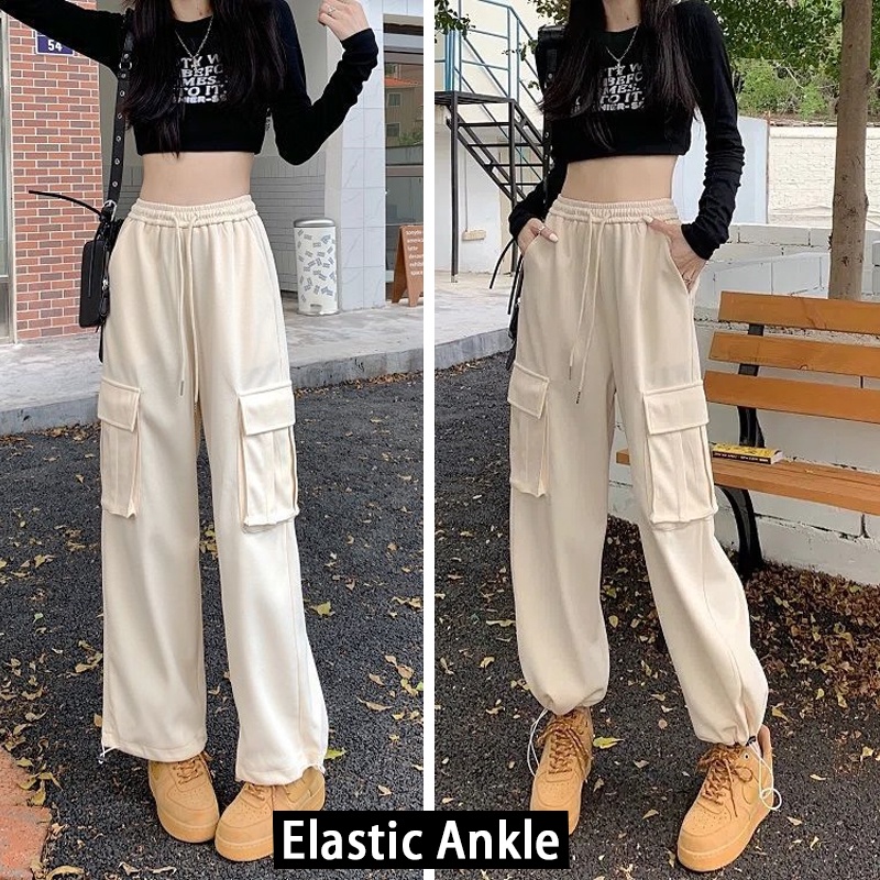 Streetwear Sport Loose Female Cargo Trousers Black Joggers Pants