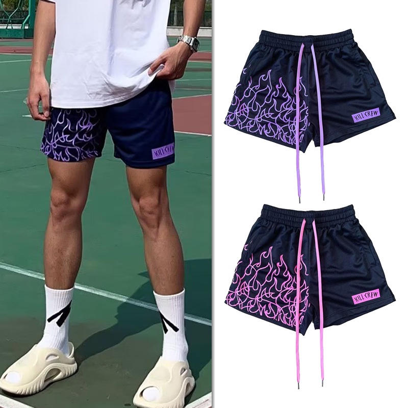 Men s Summer New American Trend Fire Printed Hip Hop Street Shorts Above The Knee Summer Quick drying Loose Basketball Short Pants Purple Pink Shopee Singapore
