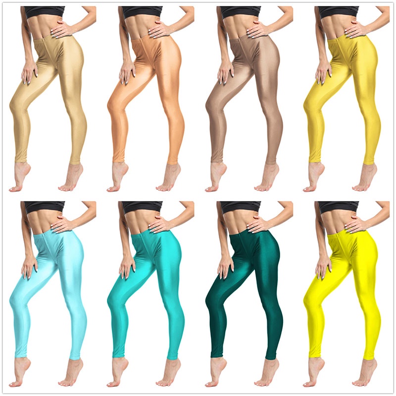 Women Leggings Solid Fluorescent Shiny Pant Spandex Shinny Elasticity  Trousers