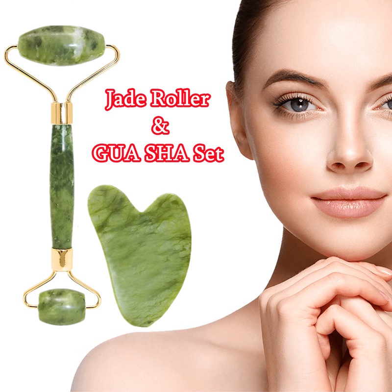 Natural Jade Roller & Gua Sha Set  Facial Massage Tool Face Massager Beauty Health Skin
