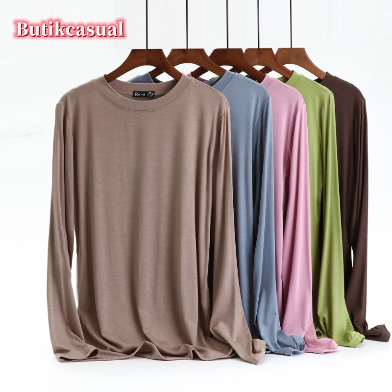 Ready stock women modal T shirt plain loose t shirt round neck long ...