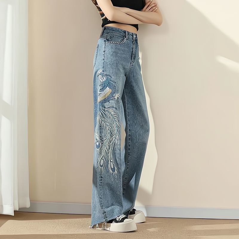 Wide Leg High Waist Jeans Women Summer New Style Phoenix Embroidered ...